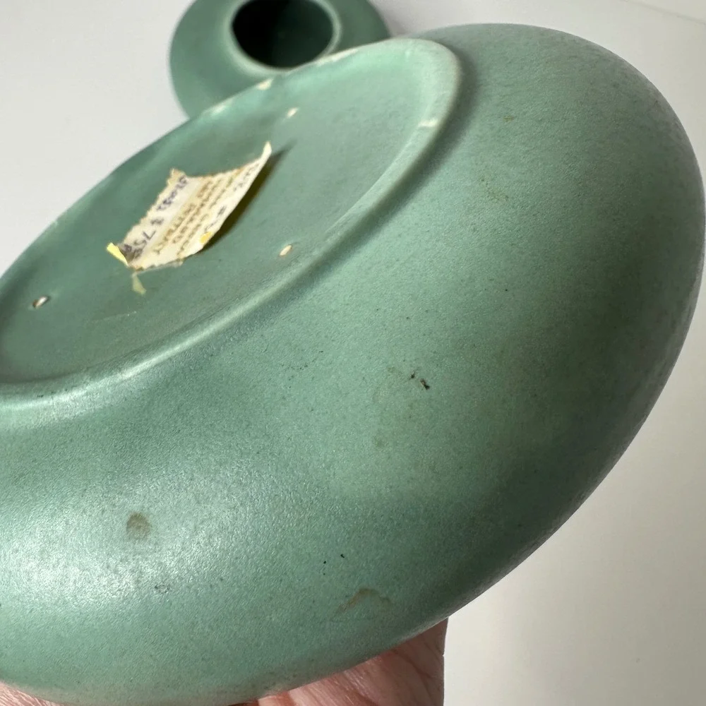 2 Art‎ Pottery Matte Green Low Profile Round Vases MCM Style Unmarked 2